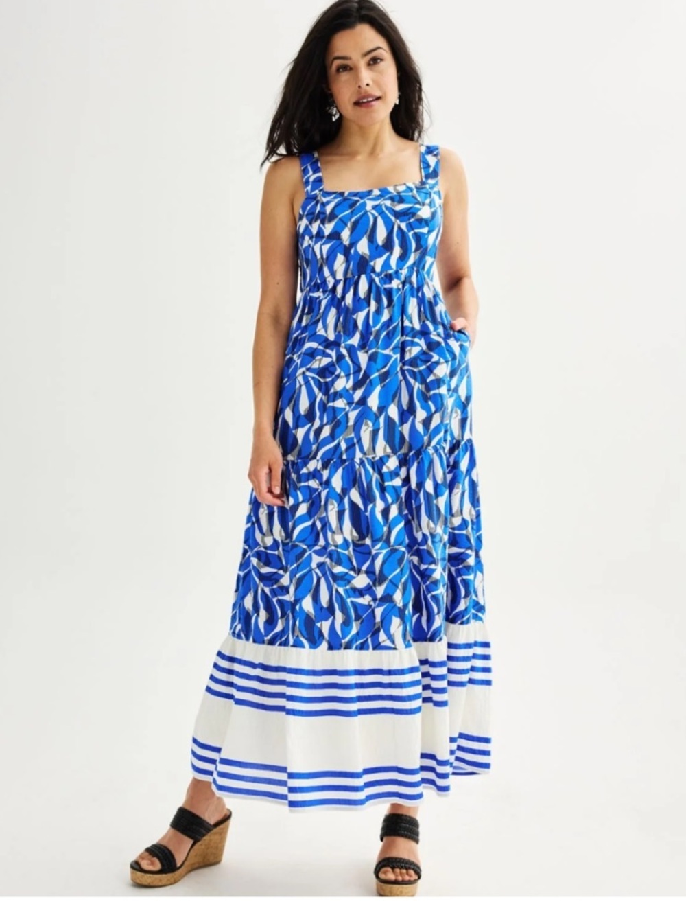 Nine West Blue and White Patterned Girls' Sundress with Striped Hem M